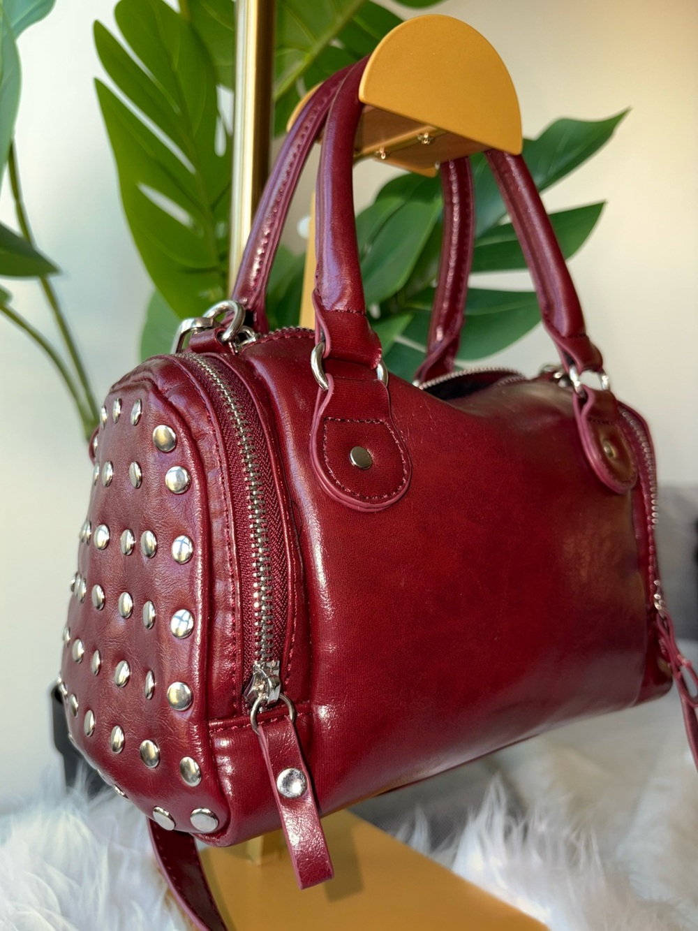 Mini Cherry Red Studded Bowler Bag Duffle Crossbody